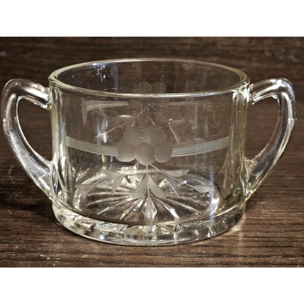 Vintage Unknown Manufacturer Open Glass SUGAR BOWL No Lid Etched
